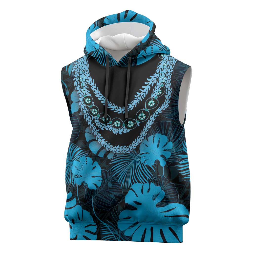Blue Hawaii Kukui Nut Lei Sleeveless Hoodie Hawaiian Pattern Monstera Tropical Vibes - Polynesian Pride