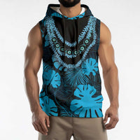Blue Hawaii Kukui Nut Lei Sleeveless Hoodie Hawaiian Pattern Monstera Tropical Vibes - Polynesian Pride