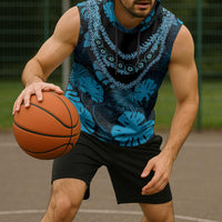 Blue Hawaii Kukui Nut Lei Sleeveless Hoodie Hawaiian Pattern Monstera Tropical Vibes - Polynesian Pride