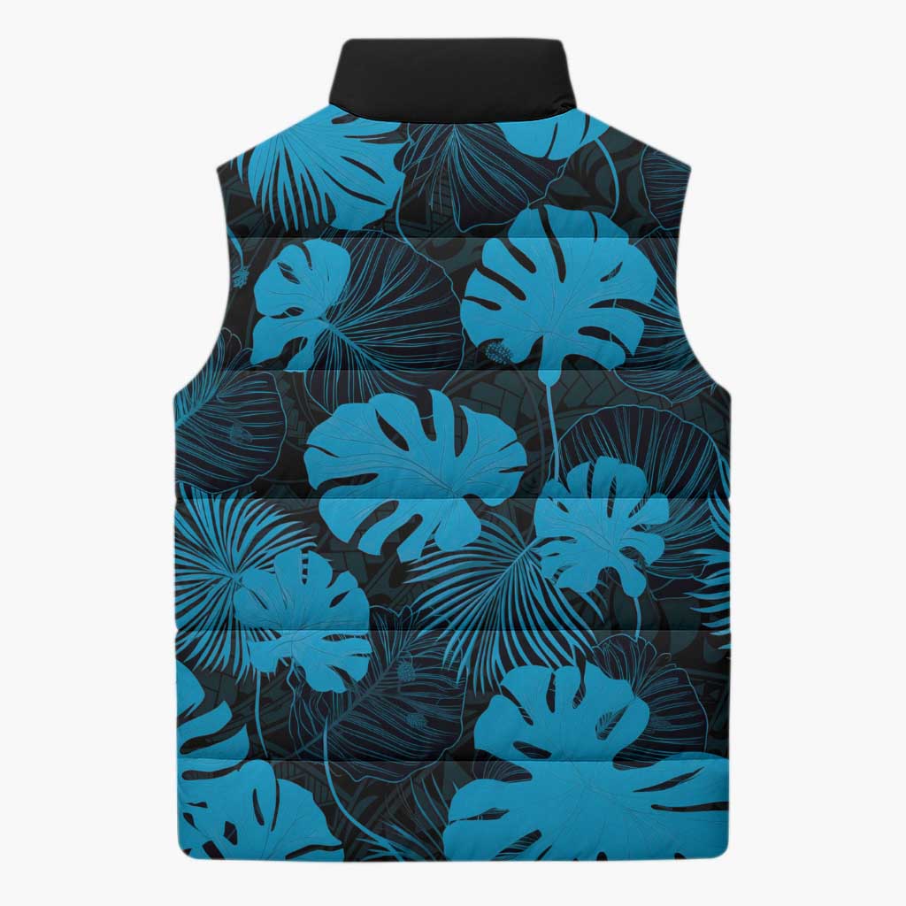 Blue Hawaii Kukui Nut Lei Sleeveless Puffer Jacket Hawaiian Pattern Monstera Tropical Vibes - Polynesian Pride