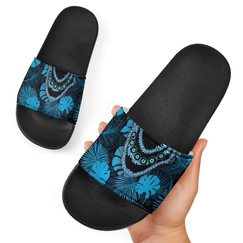 Blue Hawaii Kukui Nut Lei Slide Sandals Hawaiian Pattern Monstera Tropical Vibes - Polynesian Pride