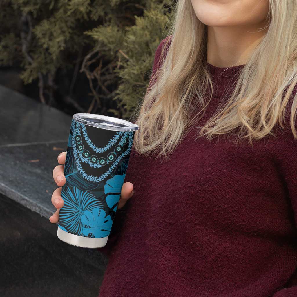 Blue Hawaii Kukui Nut Lei Tumbler Cup Hawaiian Pattern Monstera Tropical Vibes - Polynesian Pride