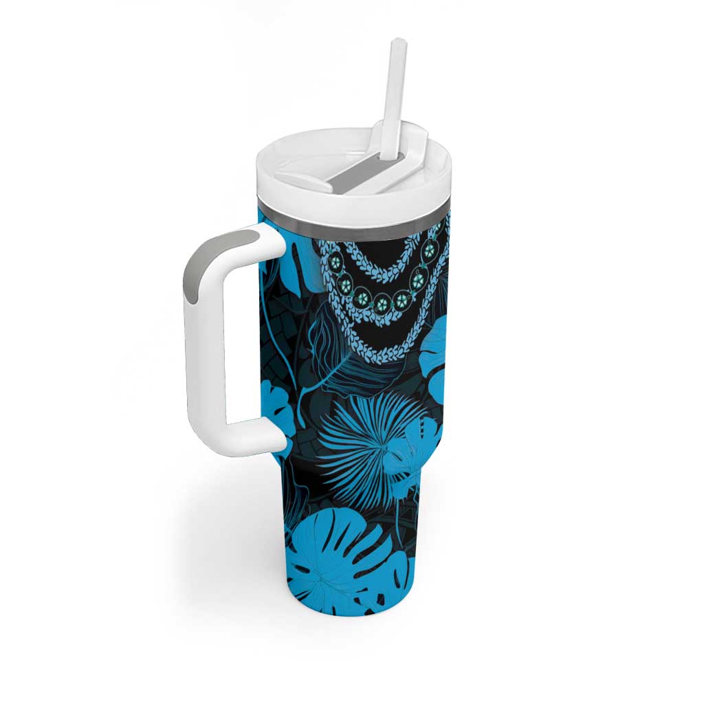 Blue Hawaii Kukui Nut Lei Tumbler With Handle Hawaiian Pattern Monstera Tropical Vibes - Polynesian Pride