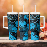 Blue Hawaii Kukui Nut Lei Tumbler With Handle Hawaiian Pattern Monstera Tropical Vibes - Polynesian Pride