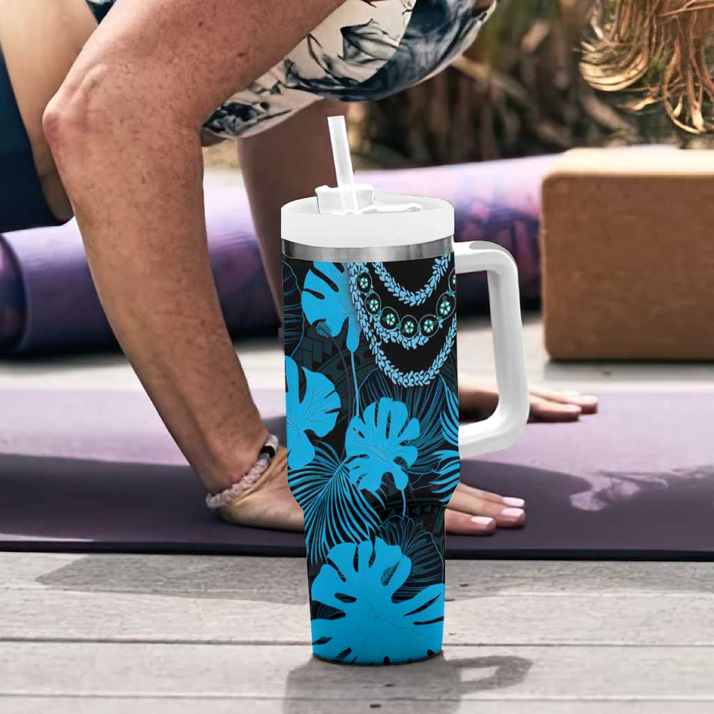 Blue Hawaii Kukui Nut Lei Tumbler With Handle Hawaiian Pattern Monstera Tropical Vibes - Polynesian Pride
