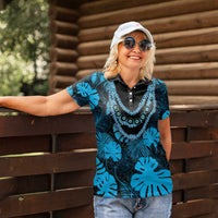 Blue Hawaii Kukui Nut Lei Women Polo Shirt Hawaiian Pattern Monstera Tropical Vibes - Polynesian Pride
