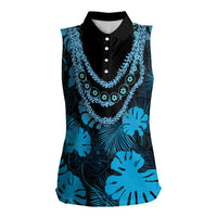 Blue Hawaii Kukui Nut Lei Women Sleeveless Polo Shirt Hawaiian Pattern Monstera Tropical Vibes - Polynesian Pride