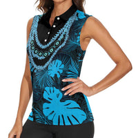 Blue Hawaii Kukui Nut Lei Women Sleeveless Polo Shirt Hawaiian Pattern Monstera Tropical Vibes - Polynesian Pride