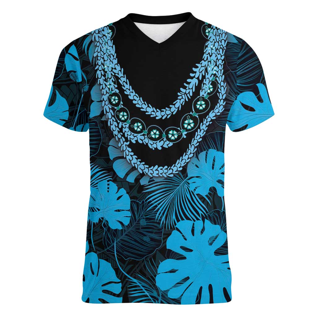 Blue Hawaii Kukui Nut Lei Women V-Neck T-Shirt Hawaiian Pattern Monstera Tropical Vibes - Polynesian Pride