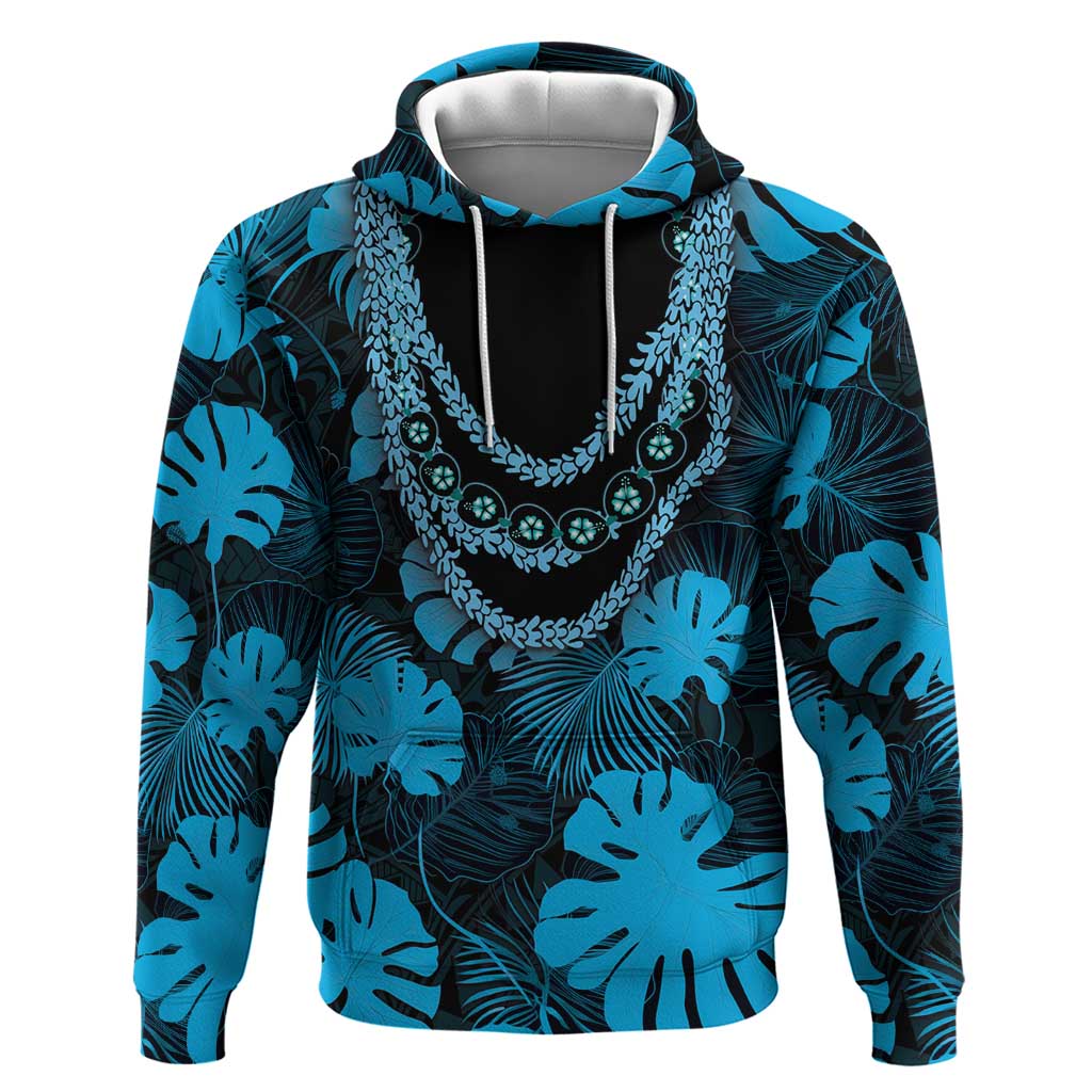 Blue Hawaii Kukui Nut Lei Zip Hoodie Hawaiian Pattern Monstera Tropical Vibes - Polynesian Pride