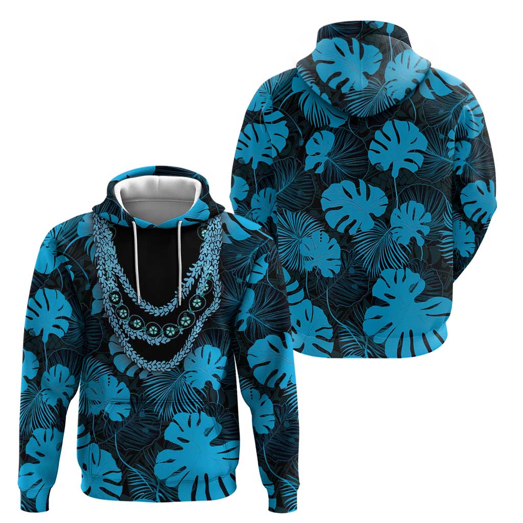 Blue Hawaii Kukui Nut Lei Zip Hoodie Hawaiian Pattern Monstera Tropical Vibes - Polynesian Pride