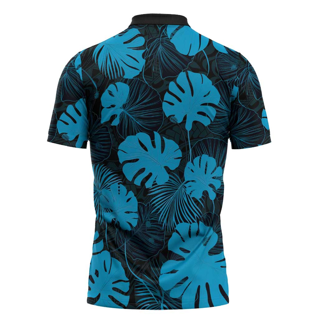 Blue Hawaii Kukui Nut Lei Zipper Polo Shirt Hawaiian Pattern Monstera Tropical Vibes - Polynesian Pride