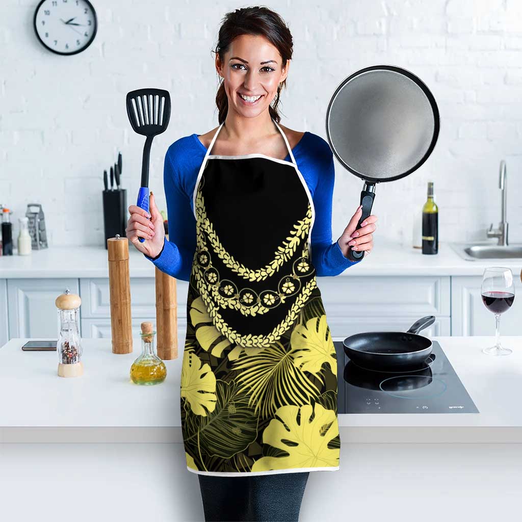 Yellow Hawaii Kukui Nut Lei Apron Hawaiian Pattern Monstera Tropical Vibes - Polynesian Pride