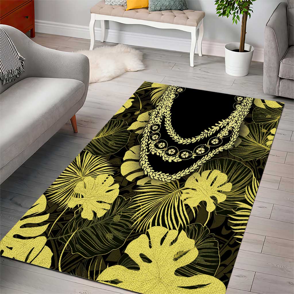 Yellow Hawaii Kukui Nut Lei Area Rug Hawaiian Pattern Monstera Tropical Vibes - Polynesian Pride