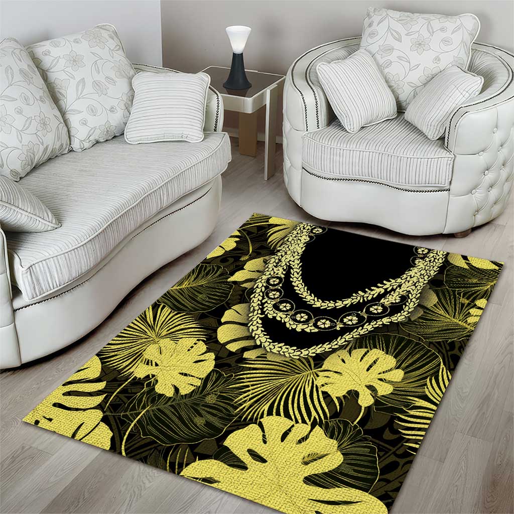 Yellow Hawaii Kukui Nut Lei Area Rug Hawaiian Pattern Monstera Tropical Vibes - Polynesian Pride