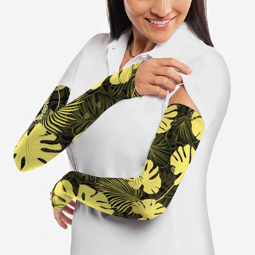 Yellow Hawaii Kukui Nut Lei Arm Sleeves Hawaiian Pattern Monstera Tropical Vibes - Polynesian Pride