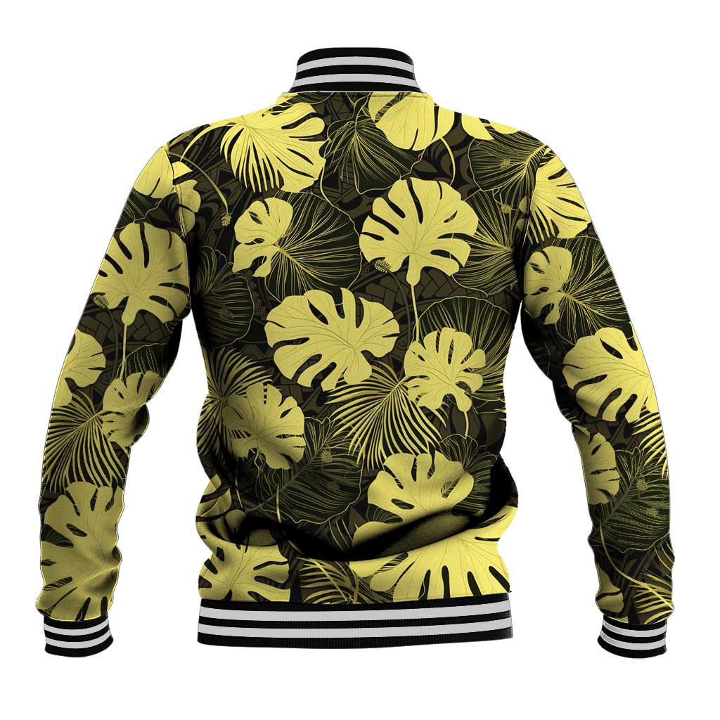 Yellow Hawaii Kukui Nut Lei Baseball Jacket Hawaiian Pattern Monstera Tropical Vibes - Polynesian Pride