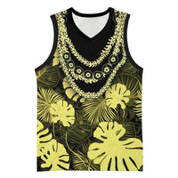Yellow Hawaii Kukui Nut Lei Basketball Jersey Hawaiian Pattern Monstera Tropical Vibes - Polynesian Pride