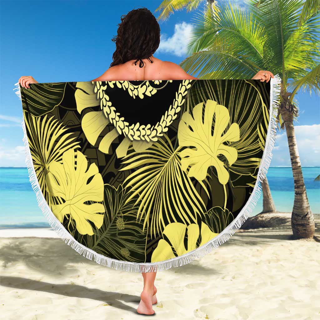 Yellow Hawaii Kukui Nut Lei Beach Blanket Hawaiian Pattern Monstera Tropical Vibes - Polynesian Pride