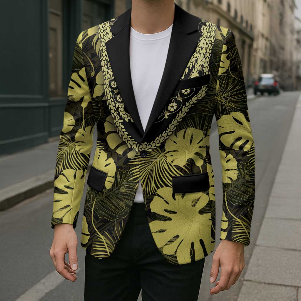 Yellow Hawaii Kukui Nut Lei Blazer Hawaiian Pattern Monstera Tropical Vibes - Polynesian Pride