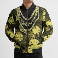Yellow Hawaii Kukui Nut Lei Bomber Puffer Jacket Hawaiian Pattern Monstera Tropical Vibes - Polynesian Pride