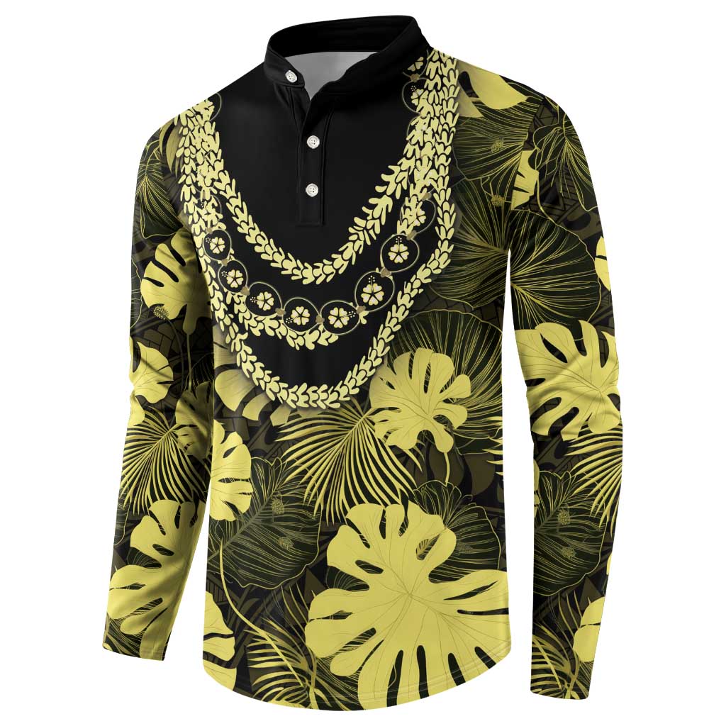 Yellow Hawaii Kukui Nut Lei Button Sweatshirt Hawaiian Pattern Monstera Tropical Vibes - Polynesian Pride