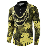Yellow Hawaii Kukui Nut Lei Button Sweatshirt Hawaiian Pattern Monstera Tropical Vibes - Polynesian Pride