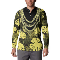 Yellow Hawaii Kukui Nut Lei Button Sweatshirt Hawaiian Pattern Monstera Tropical Vibes - Polynesian Pride