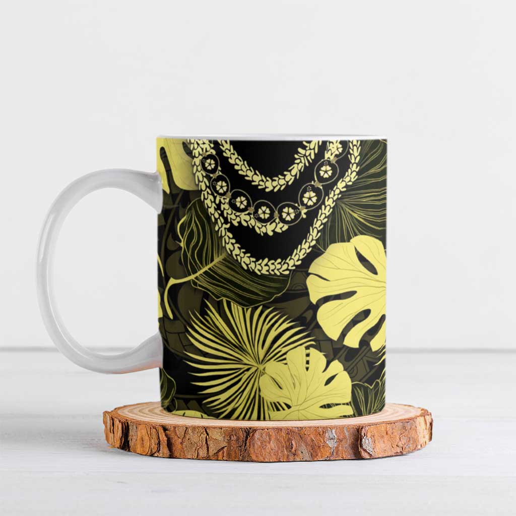 Yellow Hawaii Kukui Nut Lei Ceramic Mug Hawaiian Pattern Monstera Tropical Vibes - Polynesian Pride