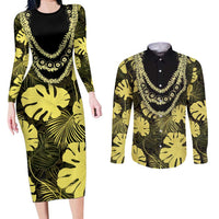 Yellow Hawaii Kukui Nut Lei Couples Matching Long Sleeve Bodycon Dress and Long Sleeve Button Shirt Hawaiian Pattern Monstera Tropical Vibes - Polynesian Pride