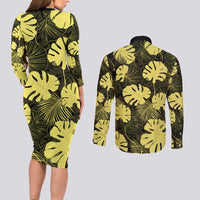 Yellow Hawaii Kukui Nut Lei Couples Matching Long Sleeve Bodycon Dress and Long Sleeve Button Shirt Hawaiian Pattern Monstera Tropical Vibes - Polynesian Pride