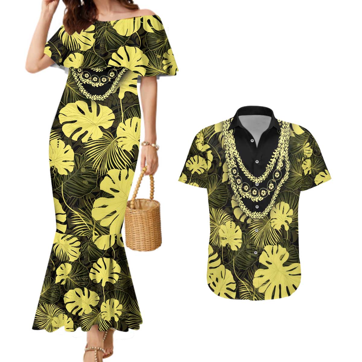 Yellow Hawaii Kukui Nut Lei Couples Matching Mermaid Dress and Hawaiian Shirt Hawaiian Pattern Monstera Tropical Vibes - Polynesian Pride