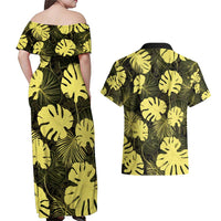 Yellow Hawaii Kukui Nut Lei Couples Matching Off Shoulder Maxi Dress and Hawaiian Shirt Hawaiian Pattern Monstera Tropical Vibes - Polynesian Pride