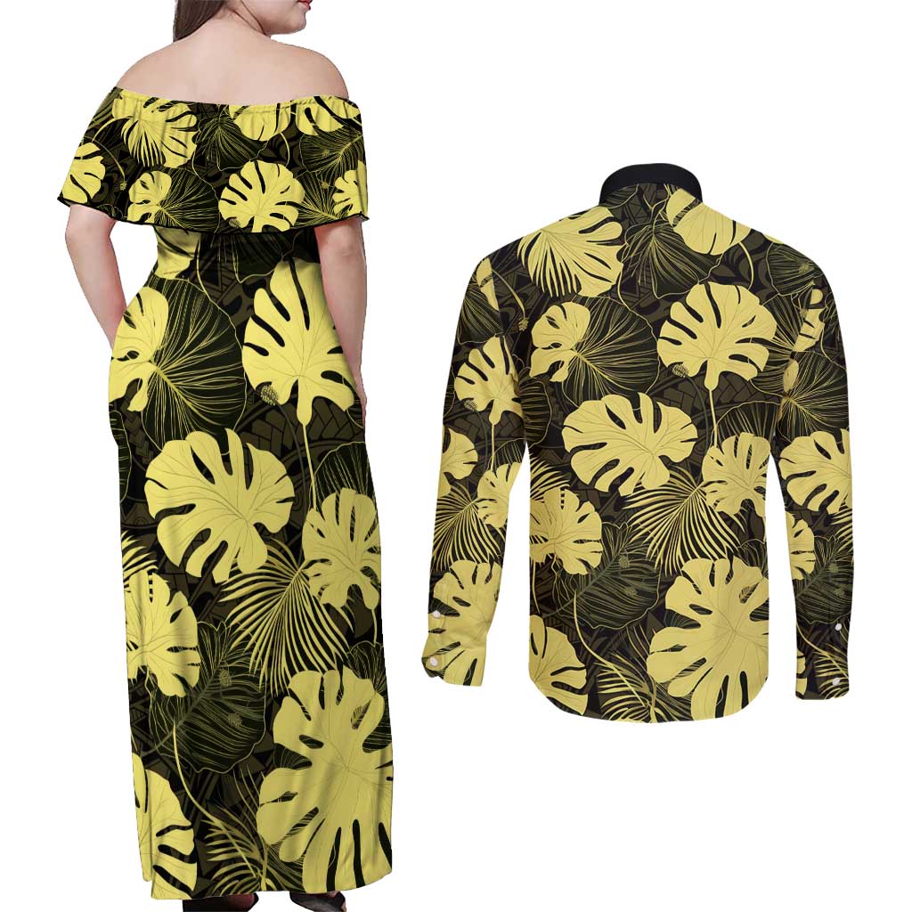 Yellow Hawaii Kukui Nut Lei Couples Matching Off Shoulder Maxi Dress and Long Sleeve Button Shirt Hawaiian Pattern Monstera Tropical Vibes - Polynesian Pride