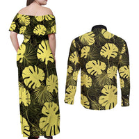 Yellow Hawaii Kukui Nut Lei Couples Matching Off Shoulder Maxi Dress and Long Sleeve Button Shirt Hawaiian Pattern Monstera Tropical Vibes - Polynesian Pride