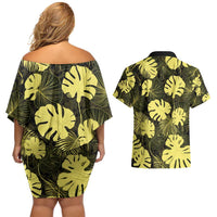 Yellow Hawaii Kukui Nut Lei Couples Matching Off Shoulder Short Dress and Hawaiian Shirt Hawaiian Pattern Monstera Tropical Vibes - Polynesian Pride