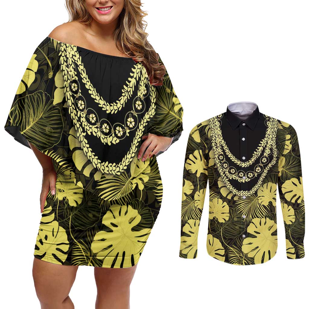 Yellow Hawaii Kukui Nut Lei Couples Matching Off Shoulder Short Dress and Long Sleeve Button Shirt Hawaiian Pattern Monstera Tropical Vibes - Polynesian Pride