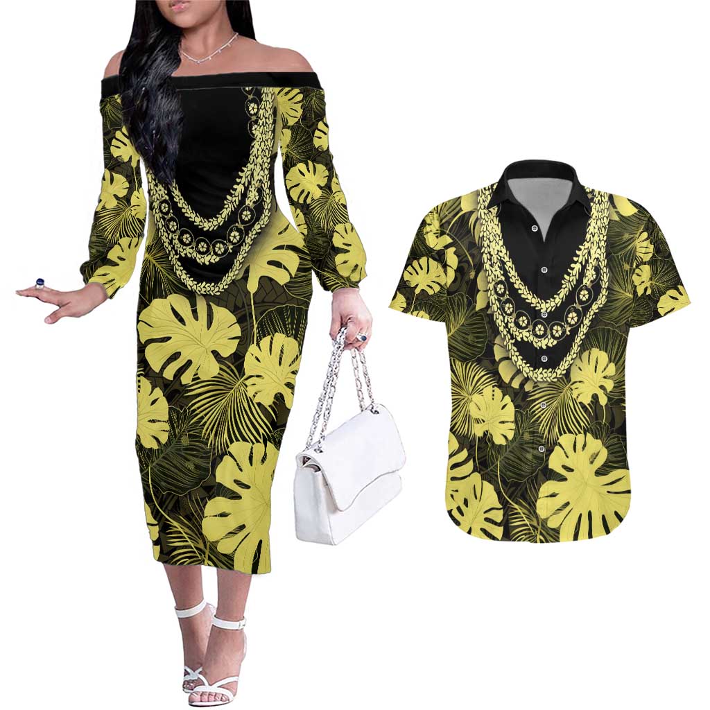 Yellow Hawaii Kukui Nut Lei Couples Matching Off The Shoulder Long Sleeve Dress and Hawaiian Shirt Hawaiian Pattern Monstera Tropical Vibes - Polynesian Pride