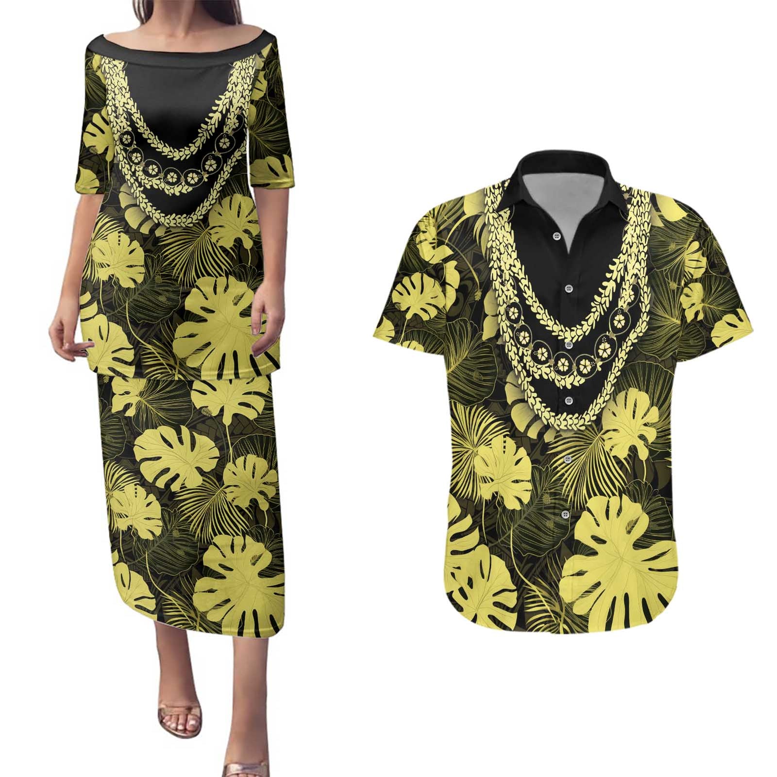 Yellow Hawaii Kukui Nut Lei Couples Matching Puletasi and Hawaiian Shirt Hawaiian Pattern Monstera Tropical Vibes - Polynesian Pride