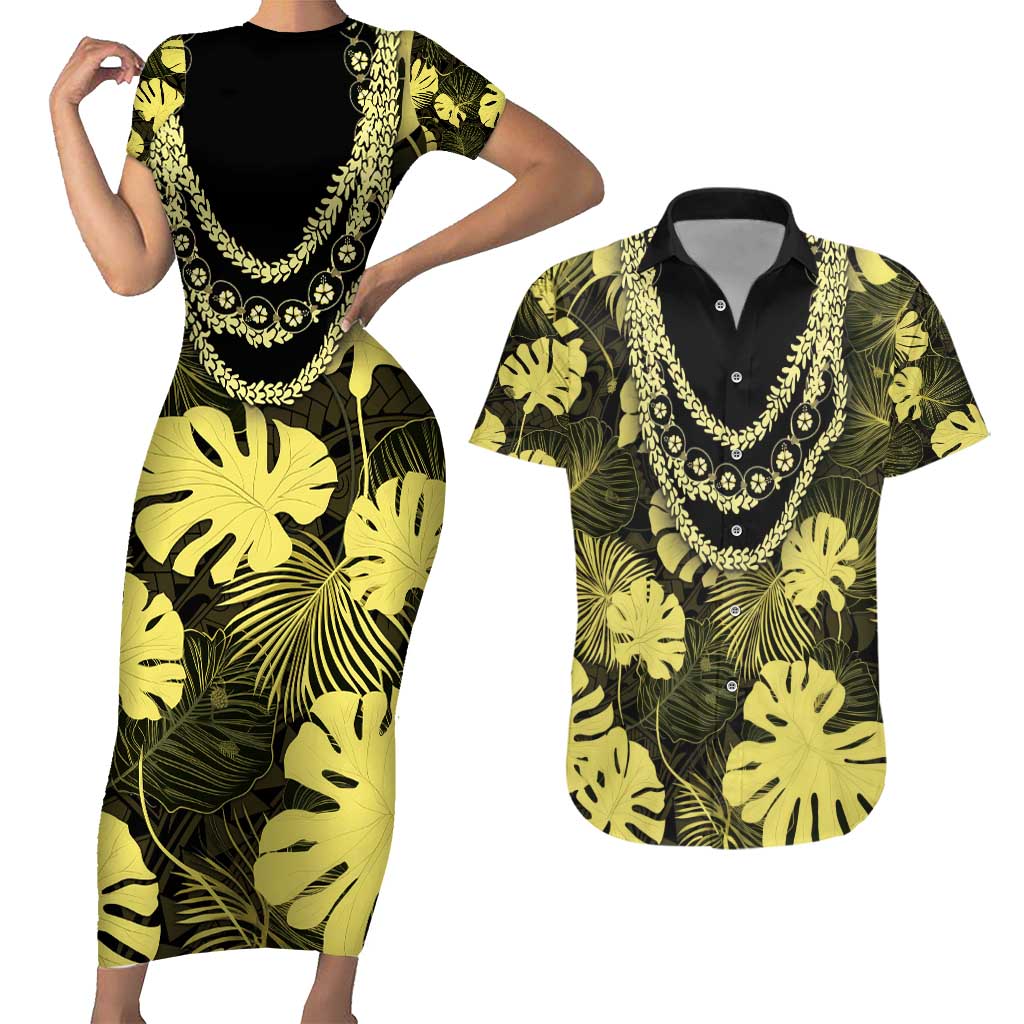 Yellow Hawaii Kukui Nut Lei Couples Matching Short Sleeve Bodycon Dress and Hawaiian Shirt Hawaiian Pattern Monstera Tropical Vibes - Polynesian Pride