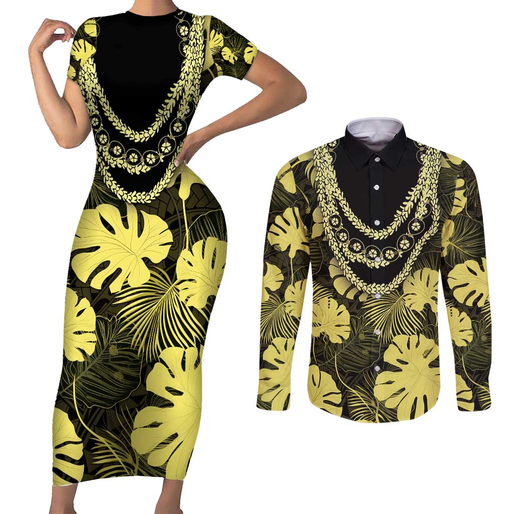 Yellow Hawaii Kukui Nut Lei Couples Matching Short Sleeve Bodycon Dress and Long Sleeve Button Shirt Hawaiian Pattern Monstera Tropical Vibes - Polynesian Pride