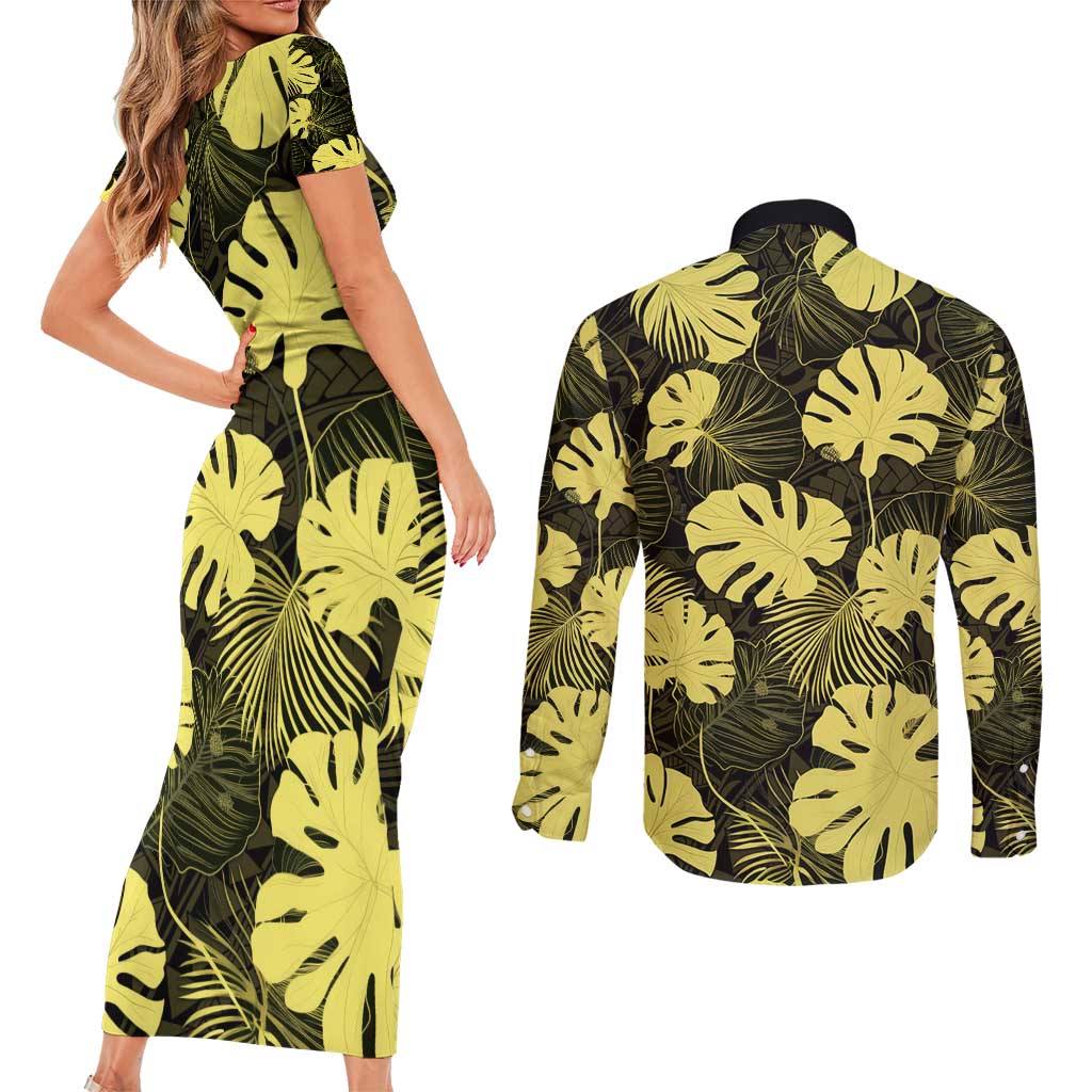 Yellow Hawaii Kukui Nut Lei Couples Matching Short Sleeve Bodycon Dress and Long Sleeve Button Shirt Hawaiian Pattern Monstera Tropical Vibes - Polynesian Pride