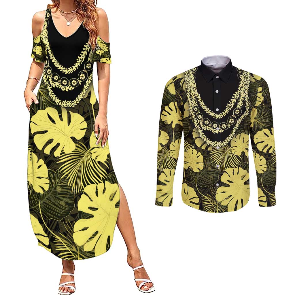 Yellow Hawaii Kukui Nut Lei Couples Matching Summer Maxi Dress and Long Sleeve Button Shirt Hawaiian Pattern Monstera Tropical Vibes - Polynesian Pride