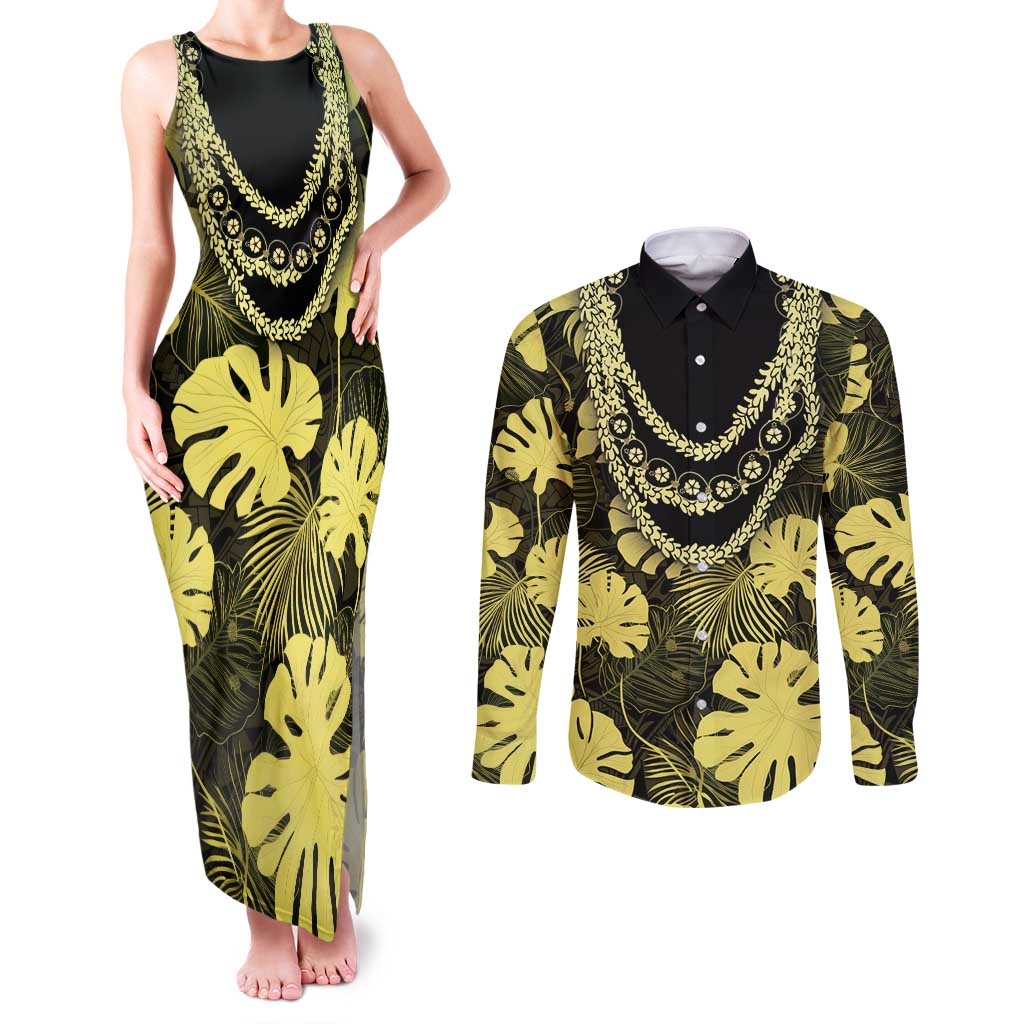 Yellow Hawaii Kukui Nut Lei Couples Matching Tank Maxi Dress and Long Sleeve Button Shirt Hawaiian Pattern Monstera Tropical Vibes - Polynesian Pride