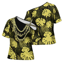 Yellow Hawaii Kukui Nut Lei Cross Shoulder Shirt Hawaiian Pattern Monstera Tropical Vibes - Polynesian Pride