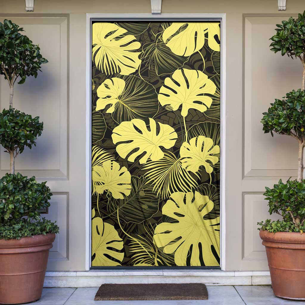Yellow Hawaii Kukui Nut Lei Door Cover Hawaiian Pattern Monstera Tropical Vibes - Polynesian Pride