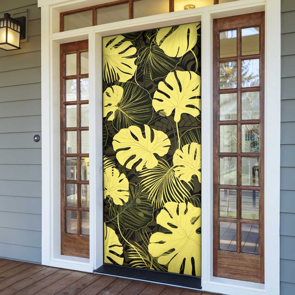 Yellow Hawaii Kukui Nut Lei Door Cover Hawaiian Pattern Monstera Tropical Vibes - Polynesian Pride