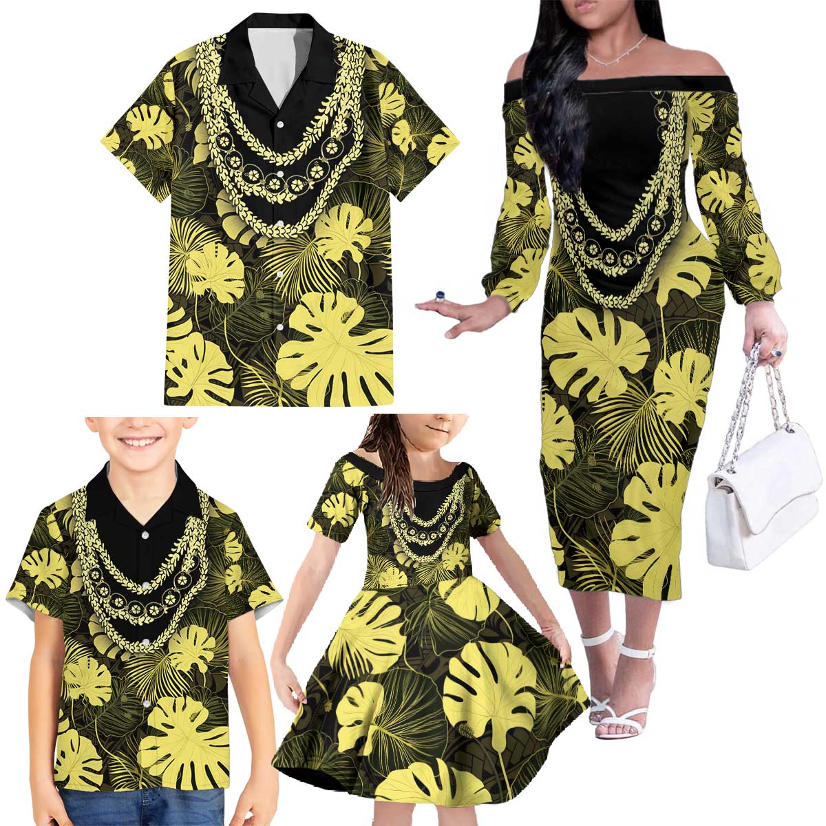 Yellow Hawaii Kukui Nut Lei Family Matching Off The Shoulder Long Sleeve Dress and Hawaiian Shirt Hawaiian Pattern Monstera Tropical Vibes - Polynesian Pride