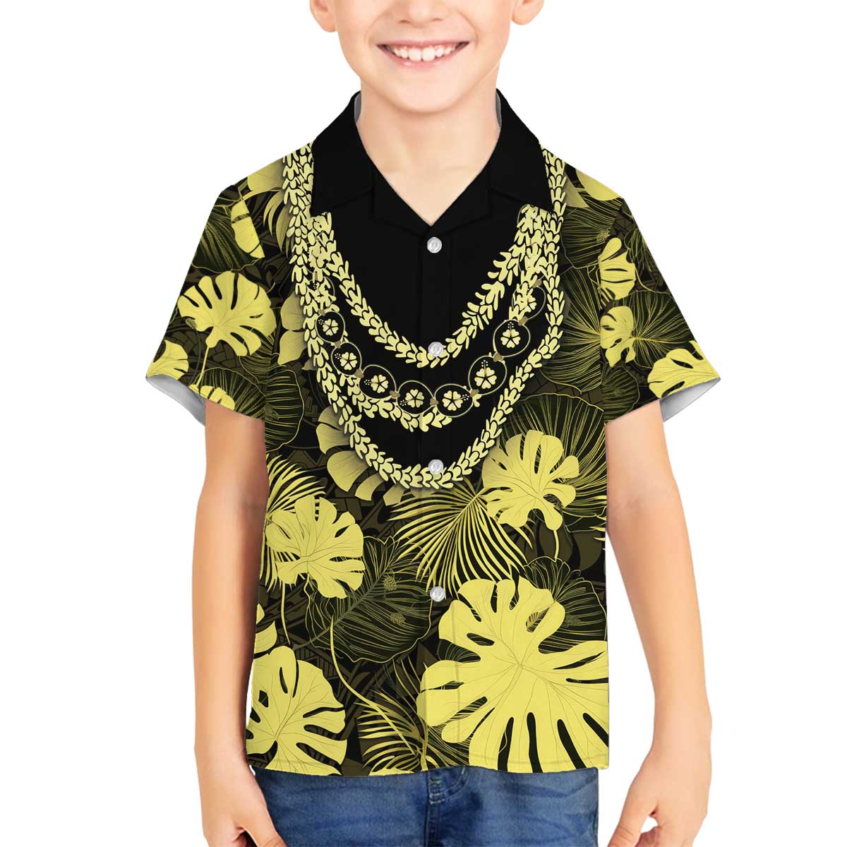 Yellow Hawaii Kukui Nut Lei Family Matching Off The Shoulder Long Sleeve Dress and Hawaiian Shirt Hawaiian Pattern Monstera Tropical Vibes - Polynesian Pride