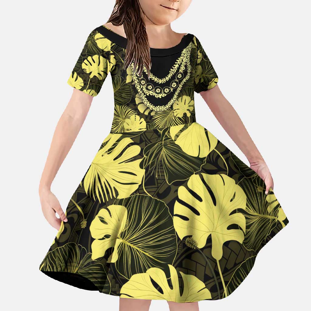 Yellow Hawaii Kukui Nut Lei Family Matching Off Shoulder Maxi Dress and Hawaiian Shirt Hawaiian Pattern Monstera Tropical Vibes - Polynesian Pride